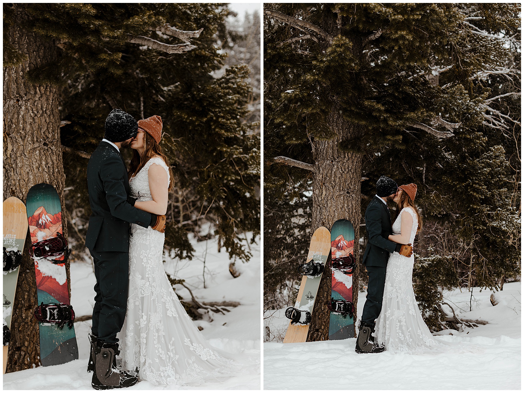 Bride and Groom Snowboarding